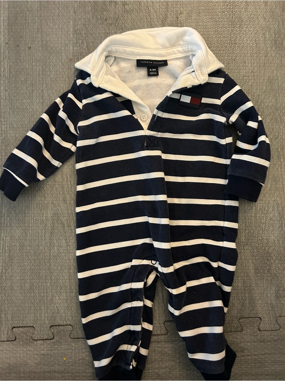 Tommy Hilfiger Navy & White Striped Footie One-Piece. Size-6-9M